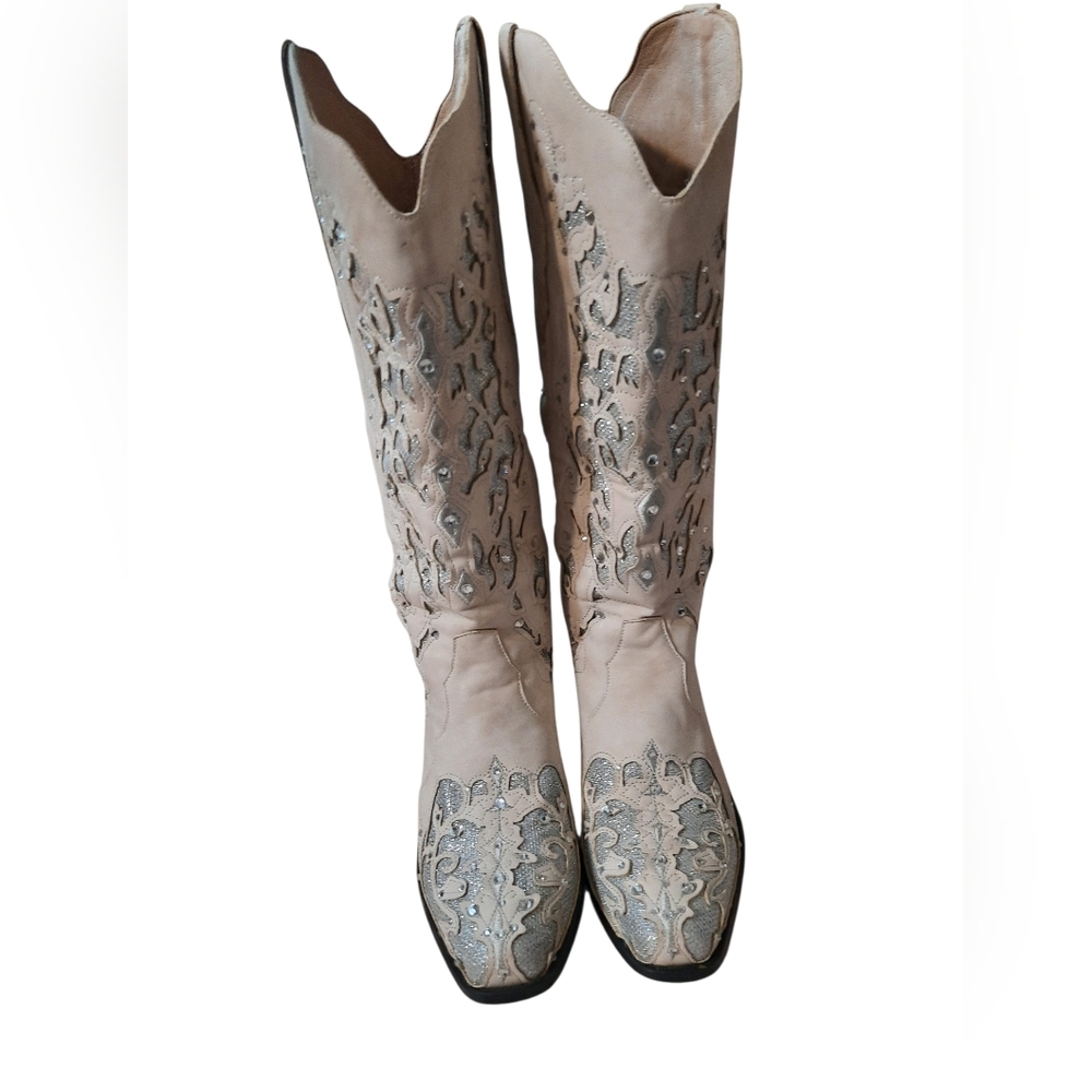 Embroidered Sequins Tan Cowboy Boots 40 Size 9 To 9.5